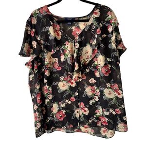 Chaps Floral Ruffle Blouse Sheer Top Elegant Party Black Pink 2X
